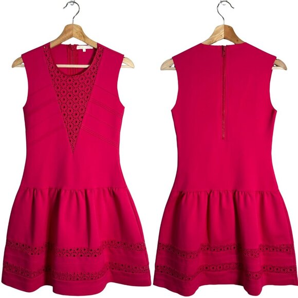 Maje Eyelet Scuba Fit & Flare Mini Dress Women's 2 Medium Pink Cocktail Party - Picture 2 of 13
